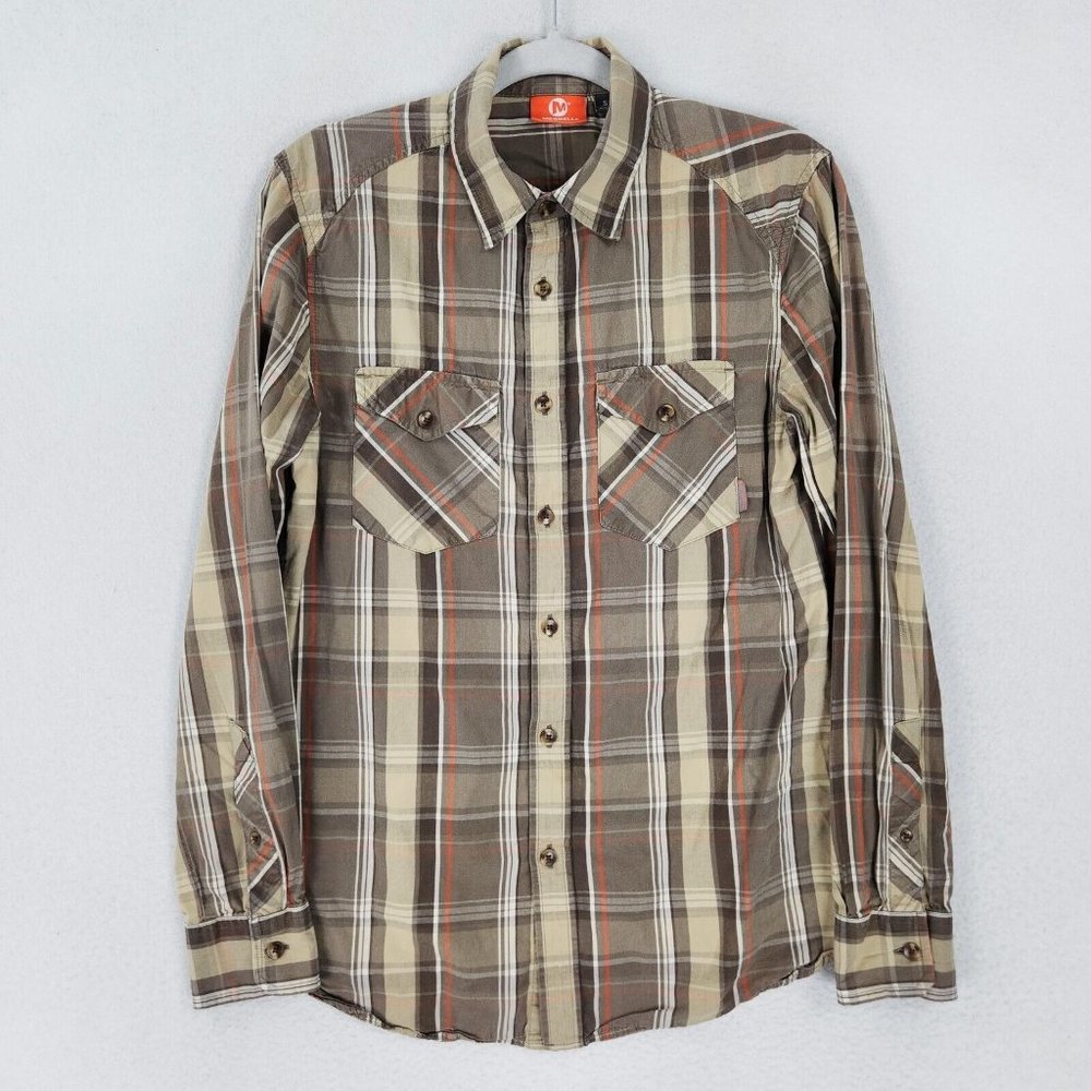 Merrell Shirt Mens Small Brown Plaid Lightweight Button Front Long Sleeve Cotton